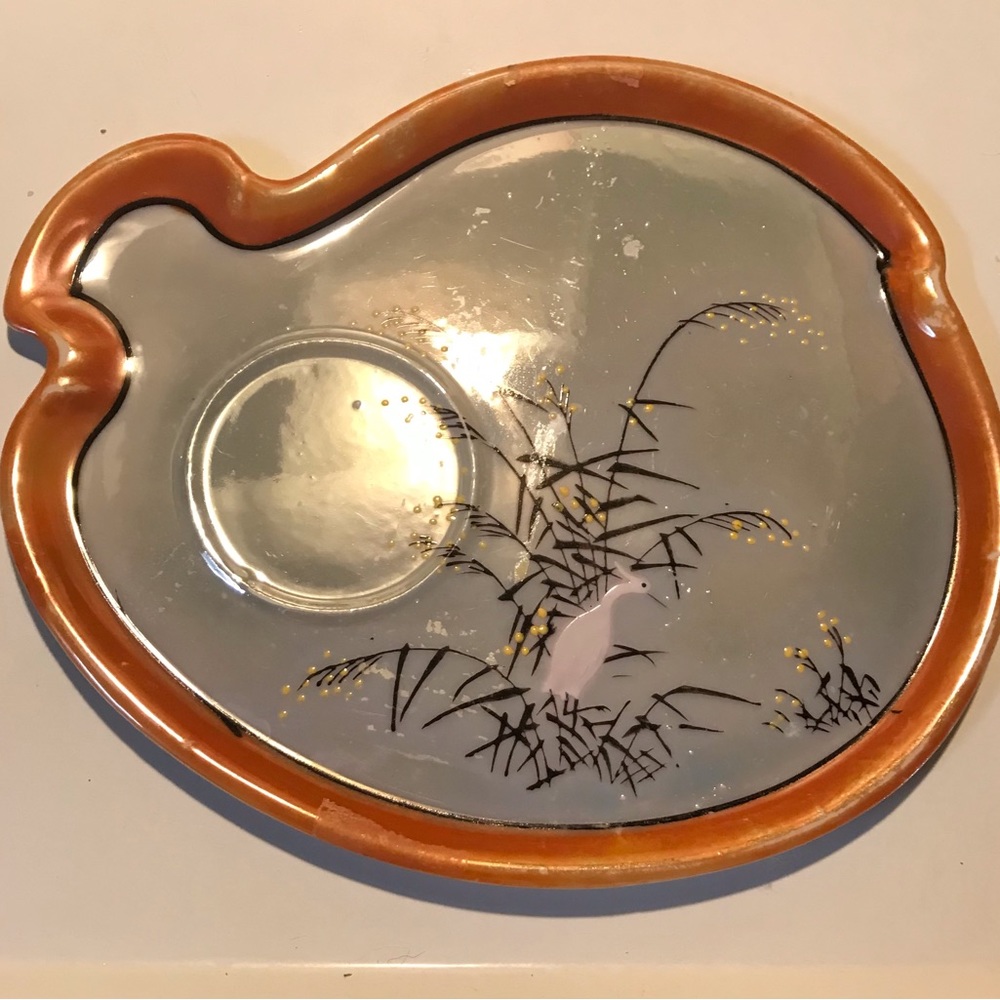 Vtg Gold Castle Chikusa Lusterware Appetizer Plates Painted Crane/$6.00 each